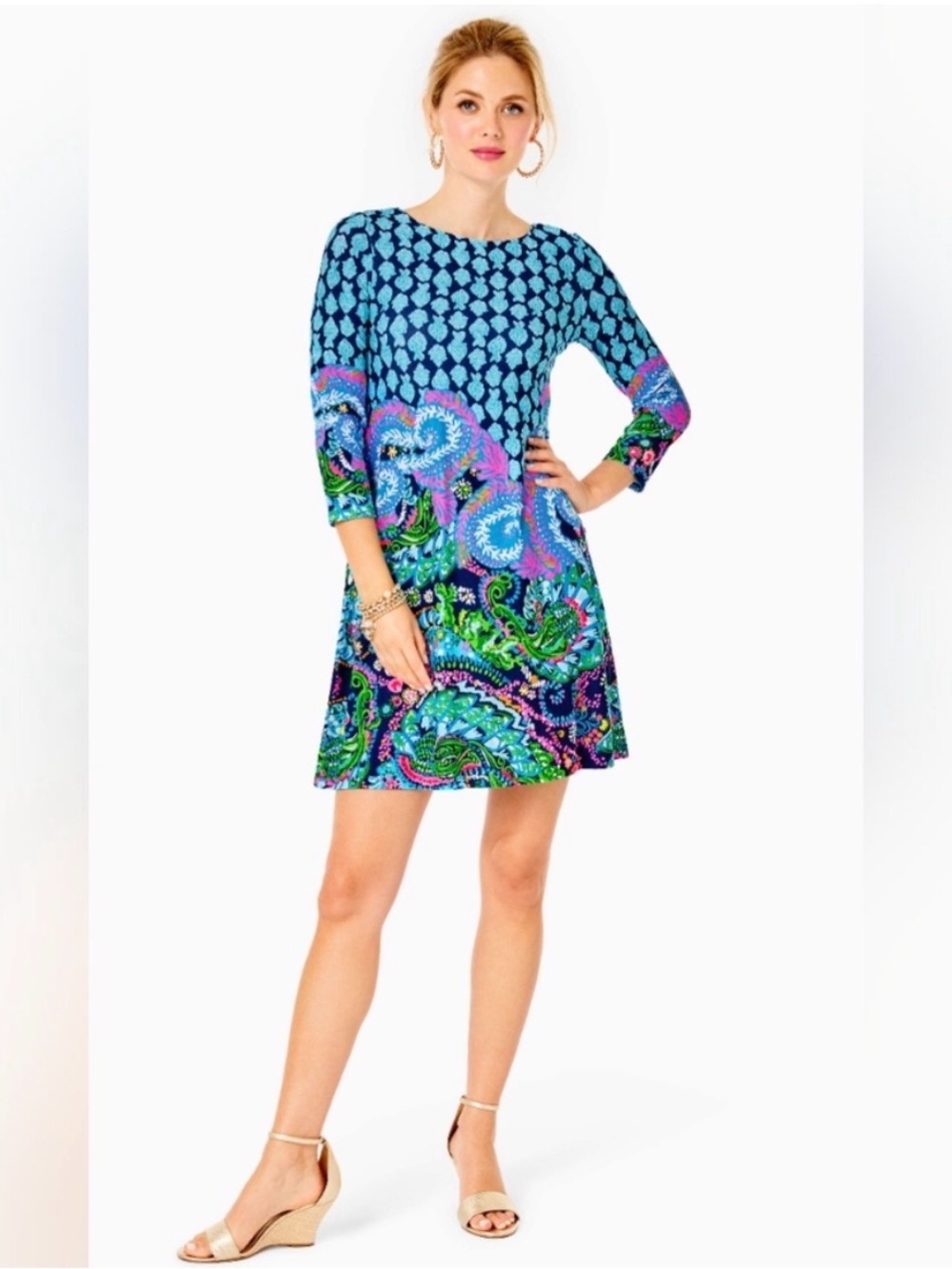 Lilly Pulitzer Ophelia Swing Dress with 3/4 sleeves and a vibrant marine pattern